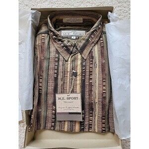 Vintage M.E. Sports Menswear Button Up Shirt NWT Size Med Brown Abstract Stripes